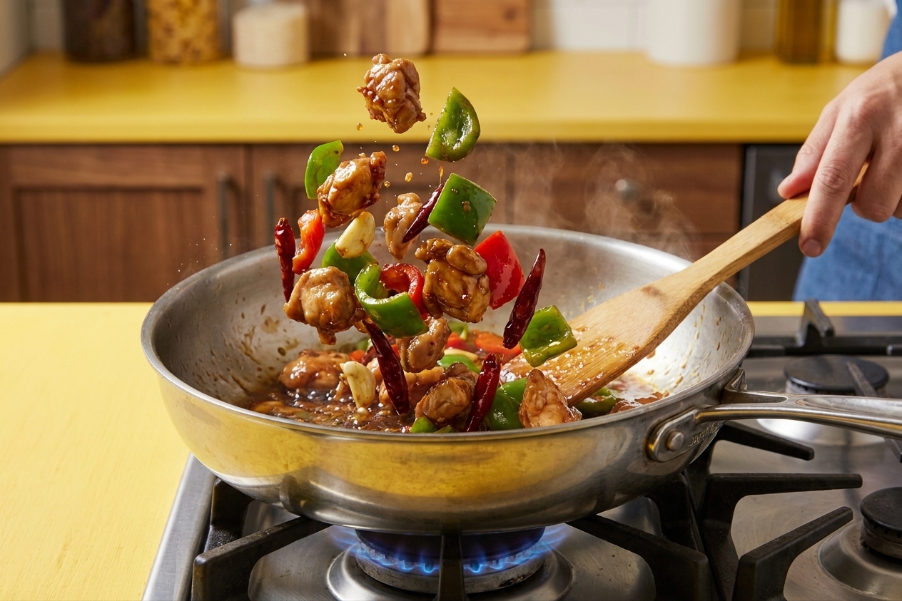 Szechuan chicken being tossed with peppers in a wide skillet on a stovetop under warm kitchen lighting