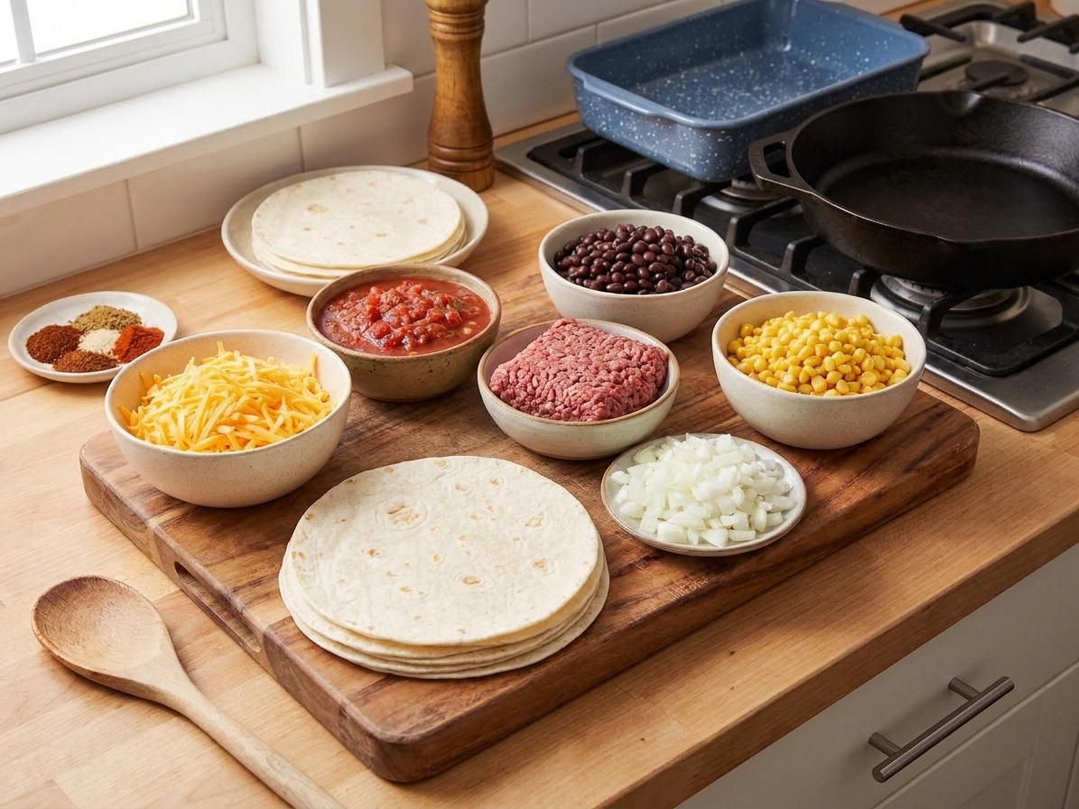Taco lasagna ingredients on a kitchen counter including tortillas, shredded cheese, salsa, ground beef, beans, corn, onion, and spices
