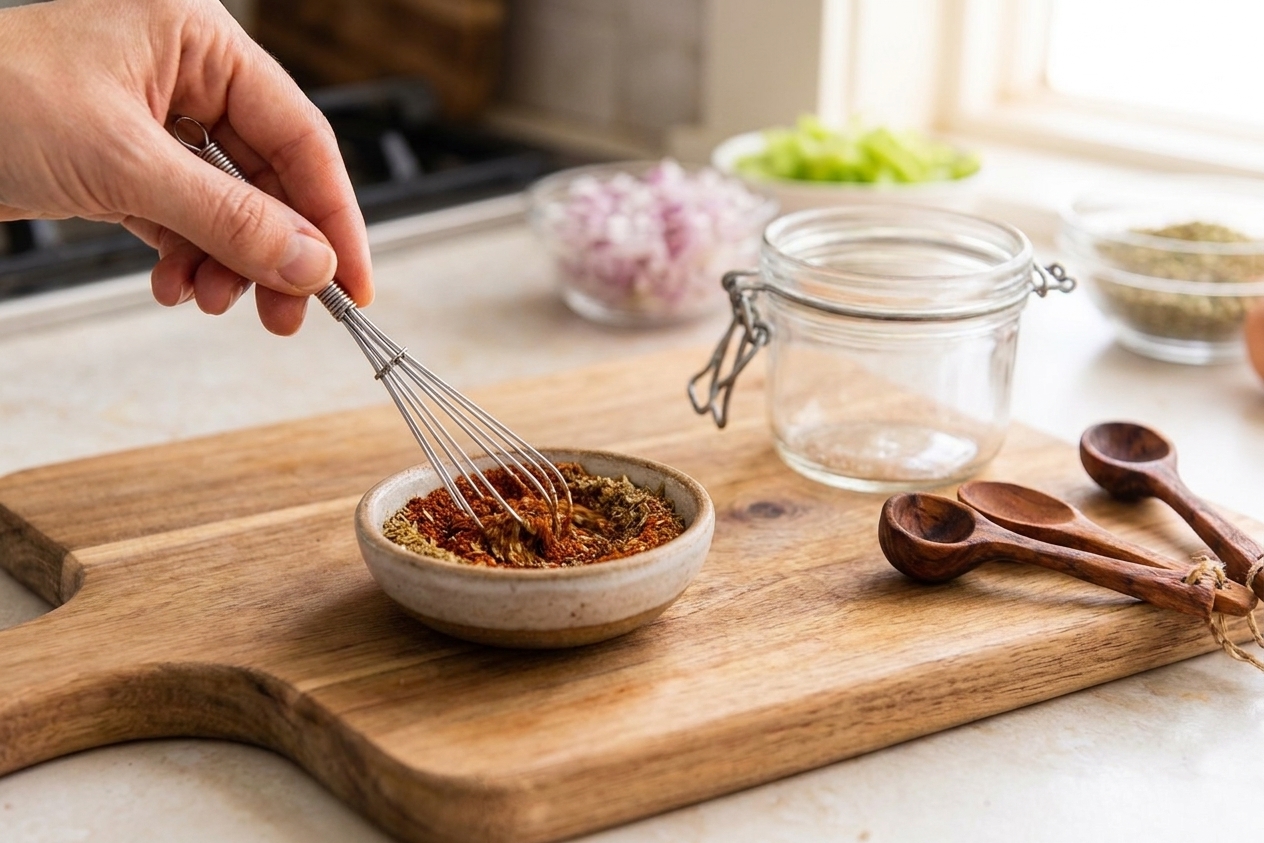 Taco seasoning spices being whisked together in a small bowl on a kitchen counter