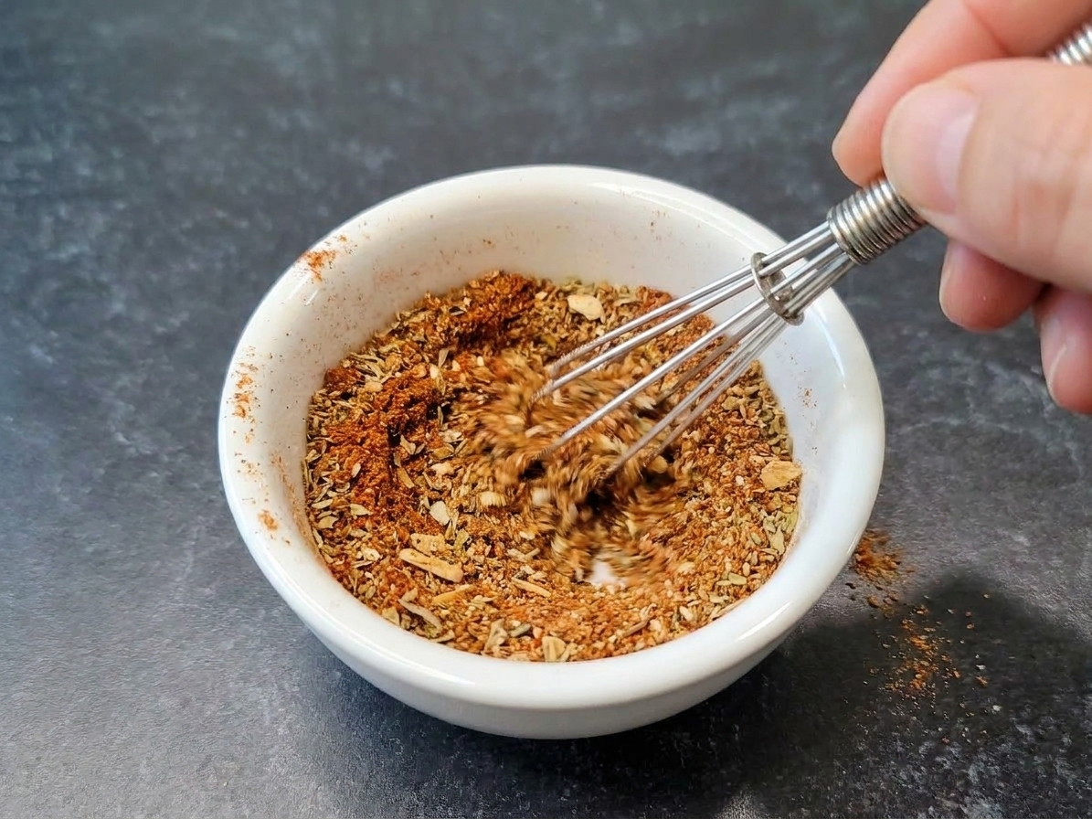 Taco seasoning spices being whisked together in a small white bowl on a kitchen counter