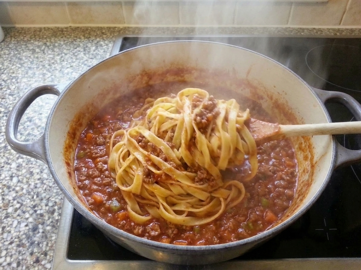 Tagliatelle being tossed in a pan with bolognese ragù, with steam rising and a wooden spoon stirring