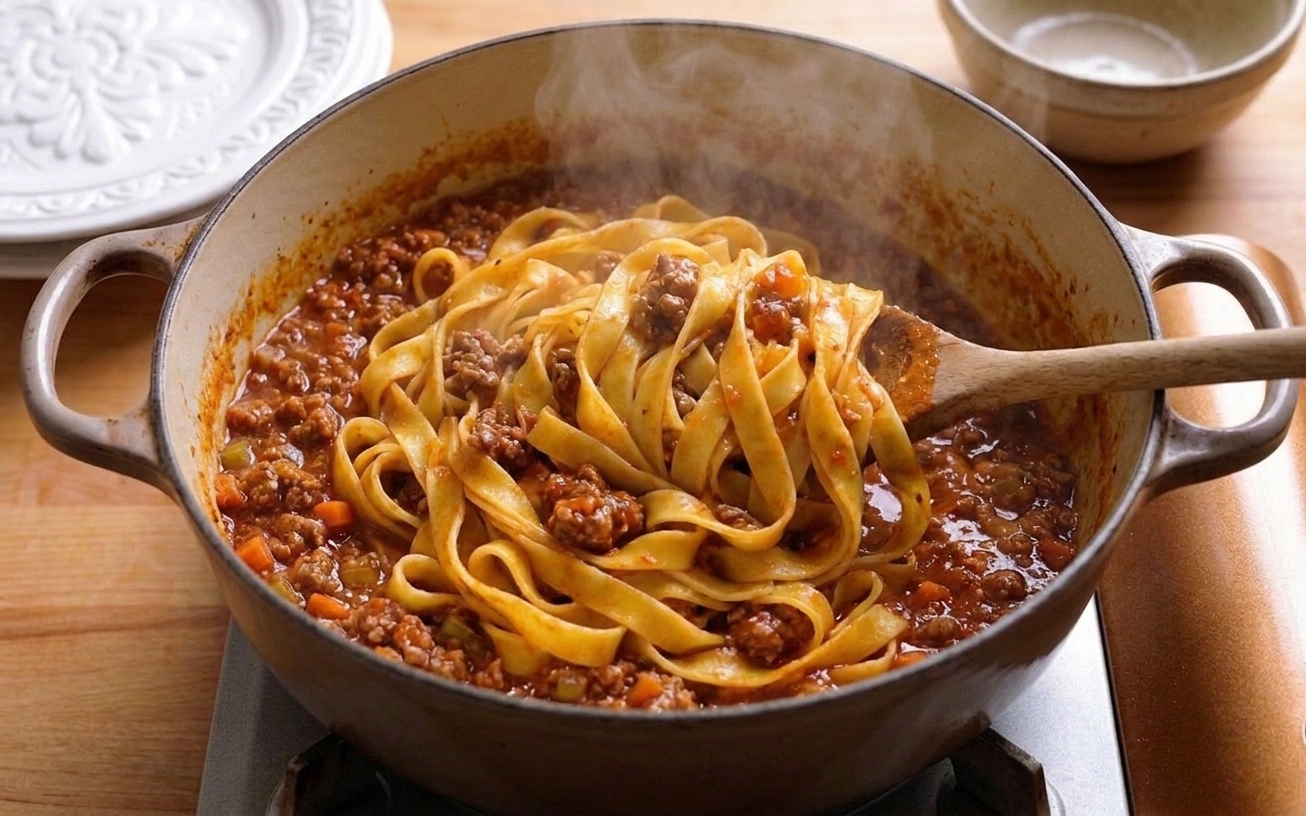 Tagliatelle being tossed with bolognese sauce in a wide pan, steam rising as the pasta gets coated