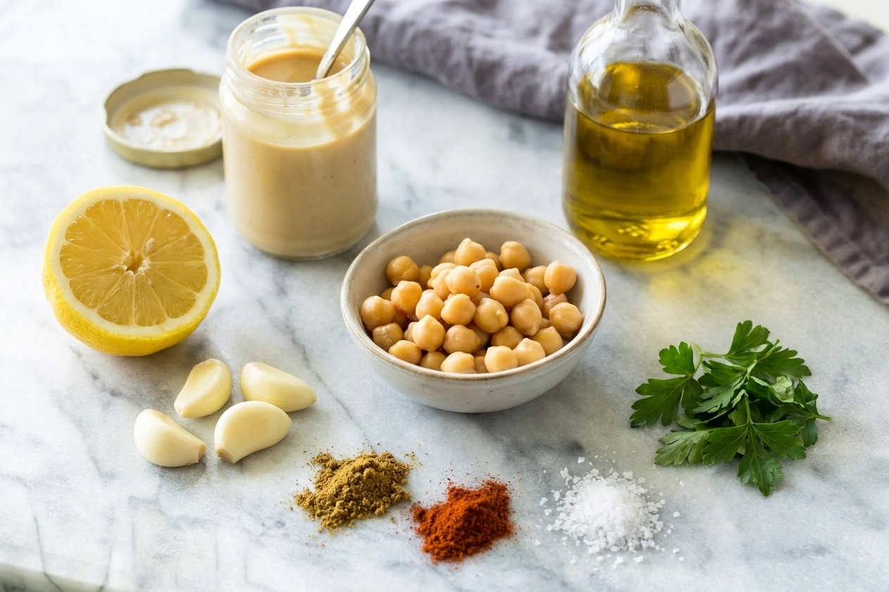 Tahini, a halved lemon, peeled garlic cloves, canned chickpeas, olive oil, and spices arranged on a light kitchen counter with neutral bowls