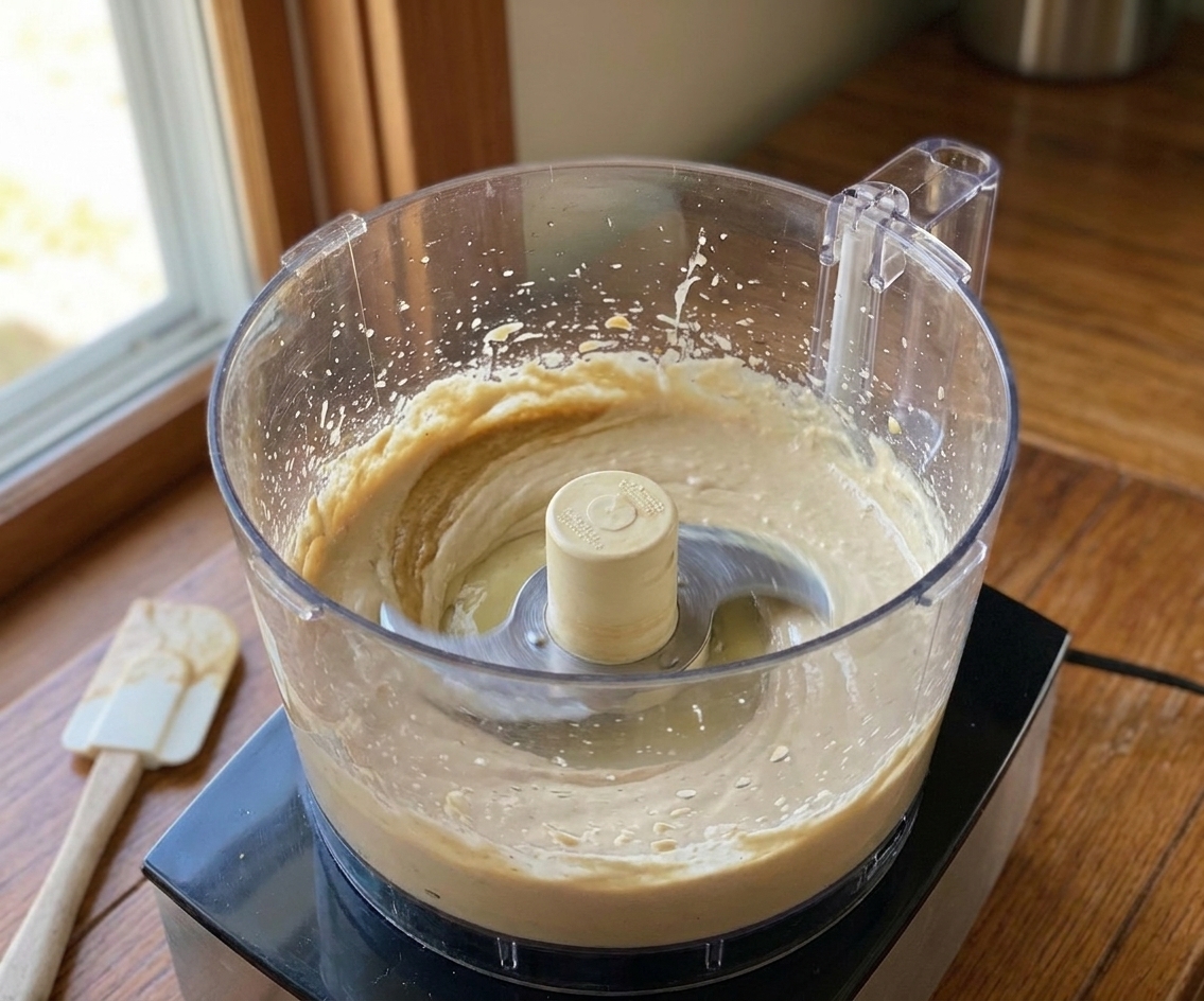 Tahini and lemon juice being blended in a food processor, turning pale and creamy