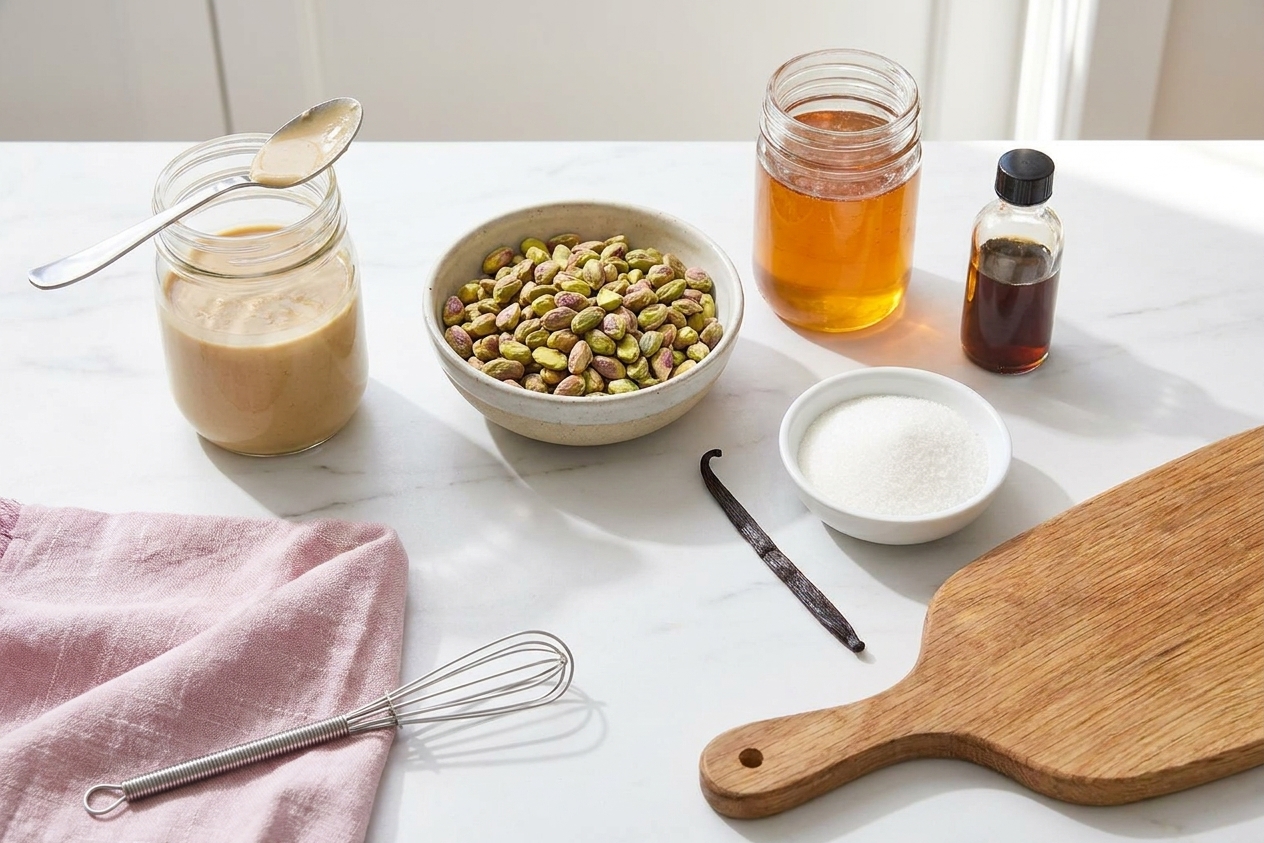 Tahini jar, shelled pistachios, honey, sugar, and vanilla arranged on a clean kitchen counter, ready for halva prep in bright natural light