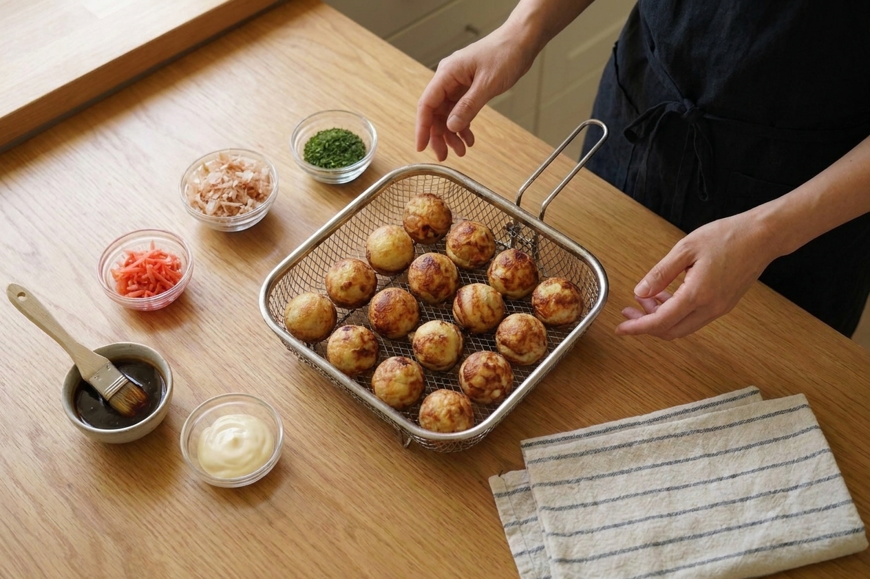 Takoyaki arranged in a single layer in an air fryer basket ready to reheat