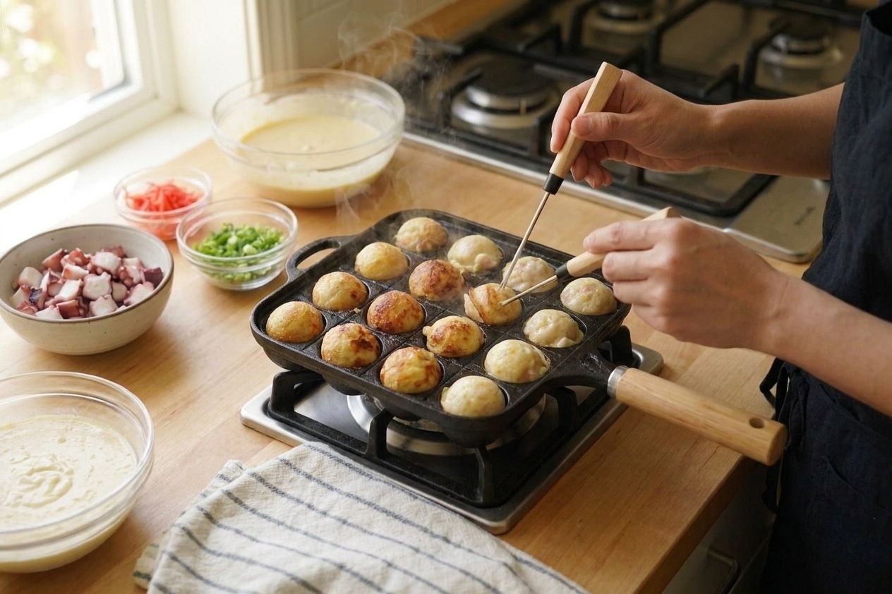 Takoyaki browning in a cast iron takoyaki pan on a stovetop