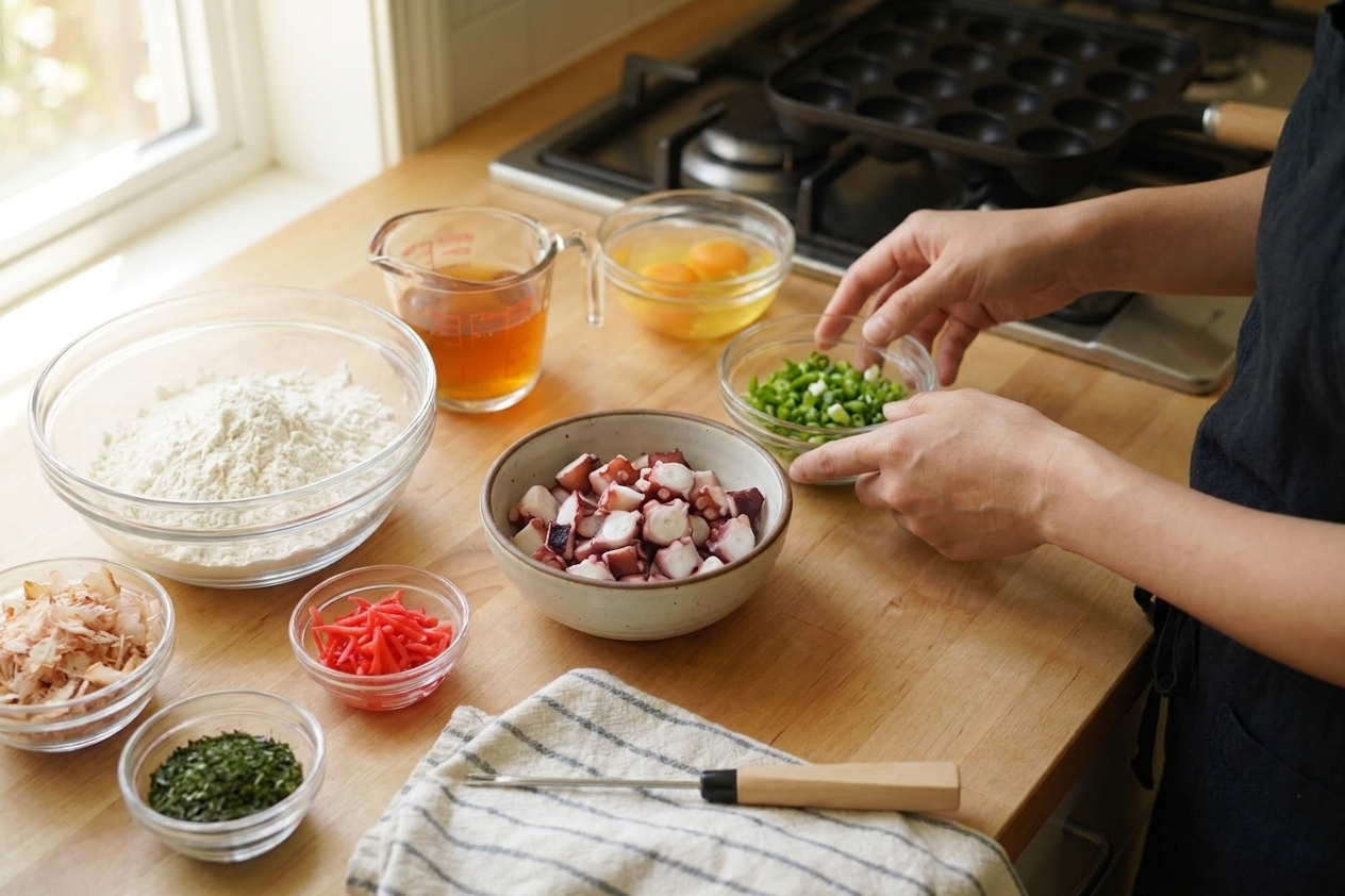 Takoyaki ingredients arranged on a kitchen counter including flour, eggs, dashi stock, octopus pieces, scallions, pickled ginger, and toppings