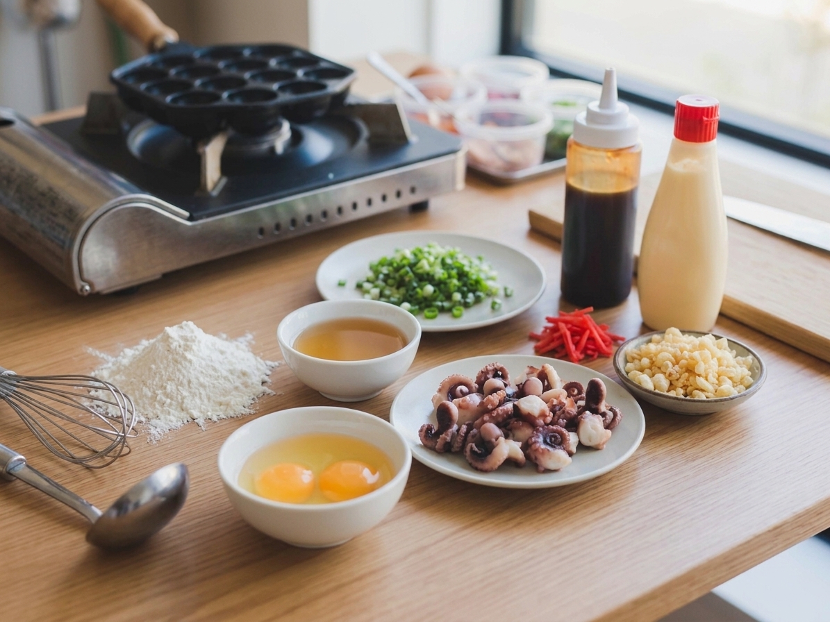 Takoyaki ingredients arranged on a kitchen counter, including flour, eggs, dashi or stock, cooked octopus, green onions, pickled ginger, and sauces