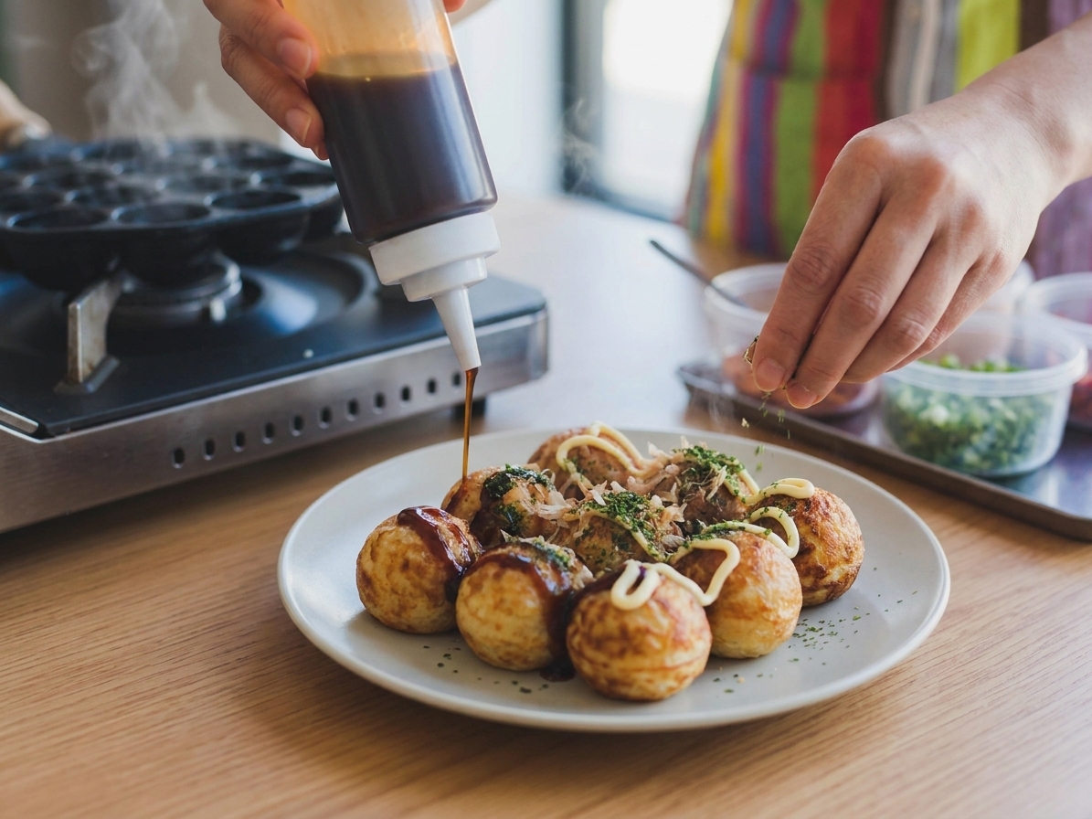 Takoyaki on a plate being topped with sauce, Japanese mayo, aonori, and bonito flakes