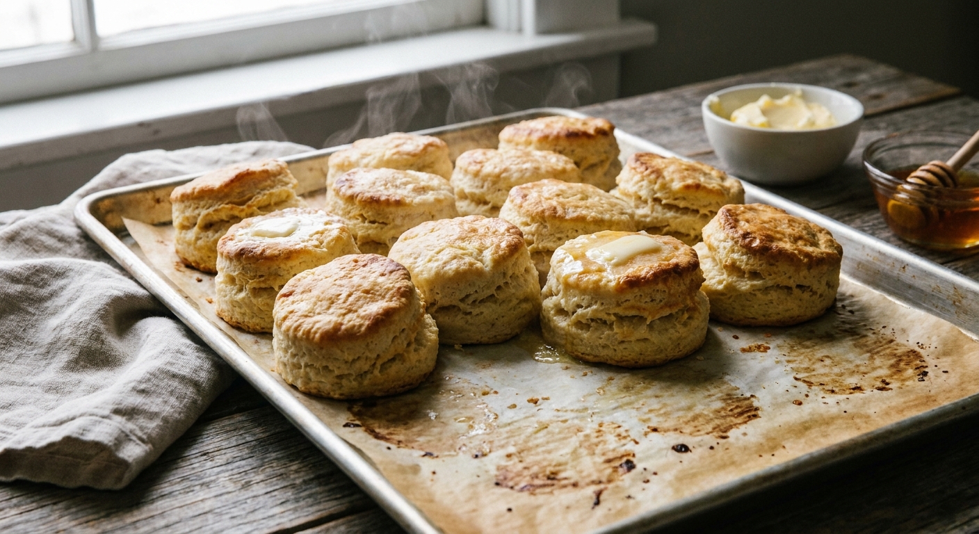 Tall golden buttermilk biscuits baked close together on a parchment-lined baking sheet, fresh from the oven