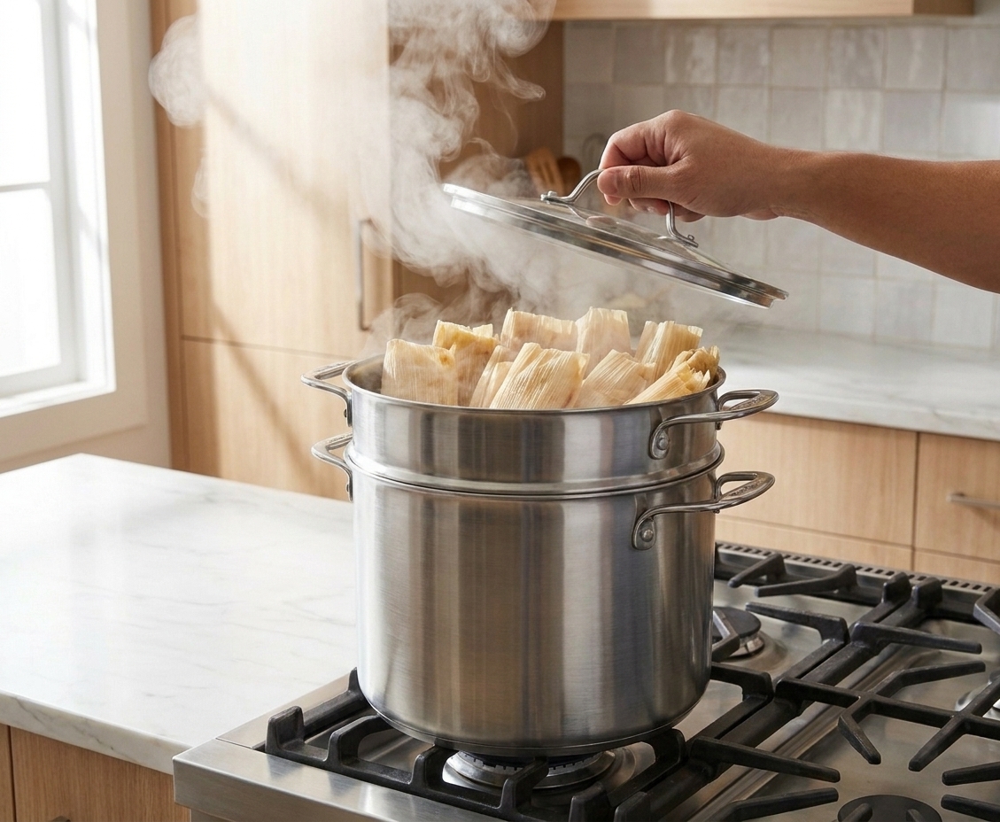 Tamales standing upright in a steamer insert inside a large pot, steam rising as the lid is lifted in a home kitchen