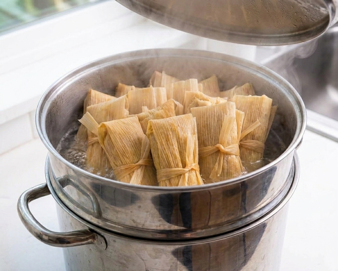 Tamales standing upright inside a steamer pot with steam rising as they cook