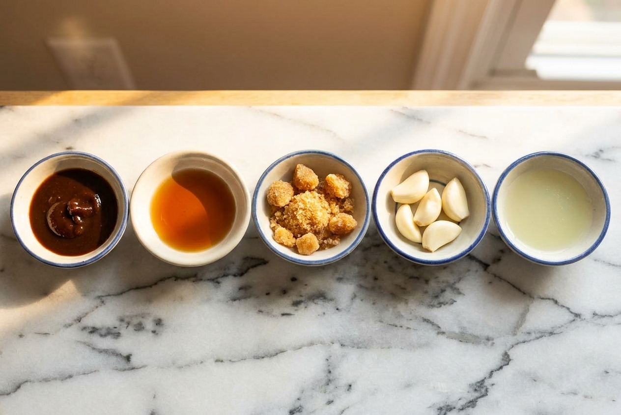 Tamarind concentrate, fish sauce, brown sugar, garlic, and lime juice measured out in small bowls on a tidy kitchen counter with warm natural light