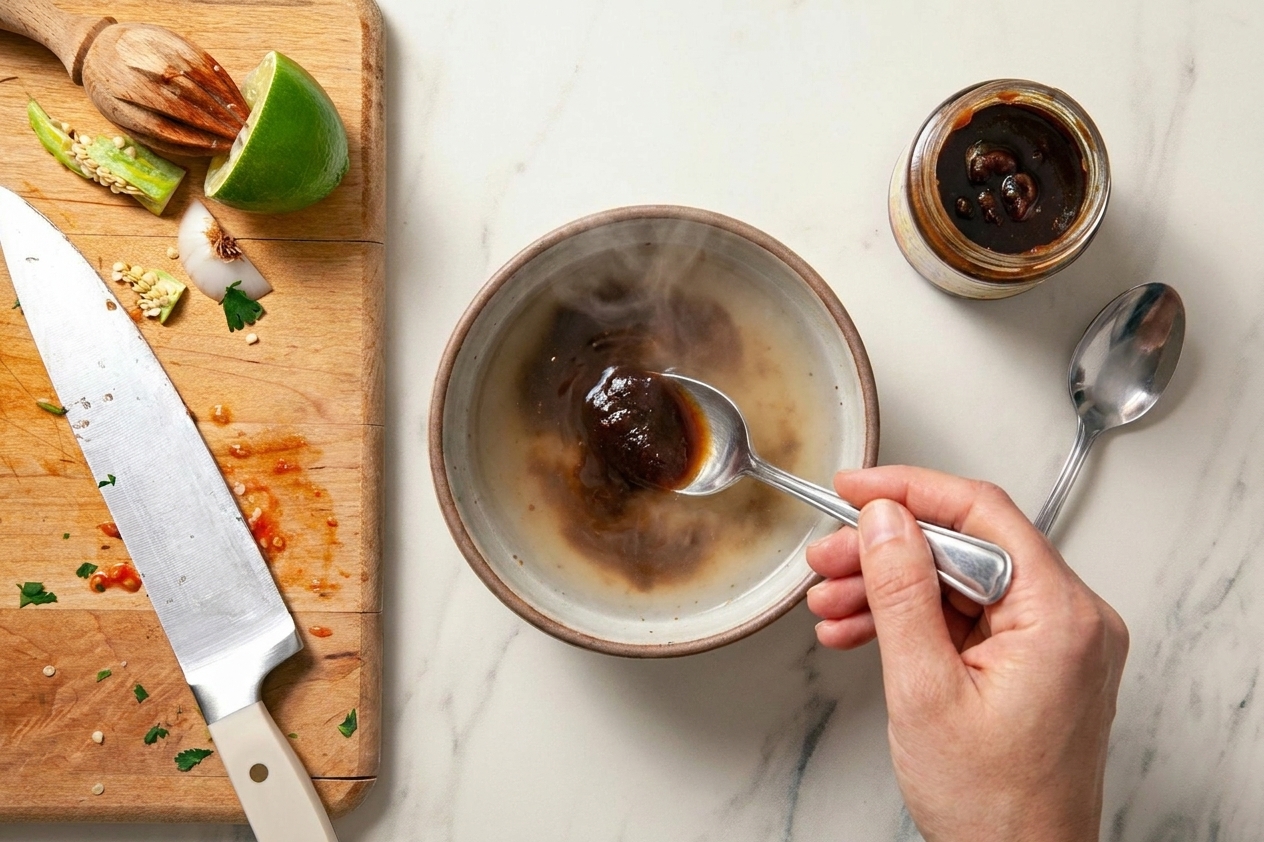 Tamarind concentrate stirred into warm water in a small bowl on a kitchen counter