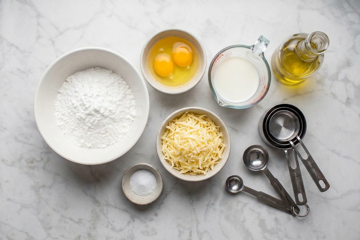 Tapioca starch, eggs, milk, oil, salt, and shredded cheese arranged on a clean kitchen counter with measuring cups