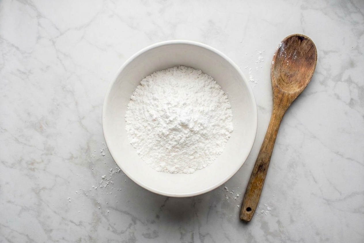 Tapioca starch in a mixing bowl on a kitchen counter with a wooden spoon nearby