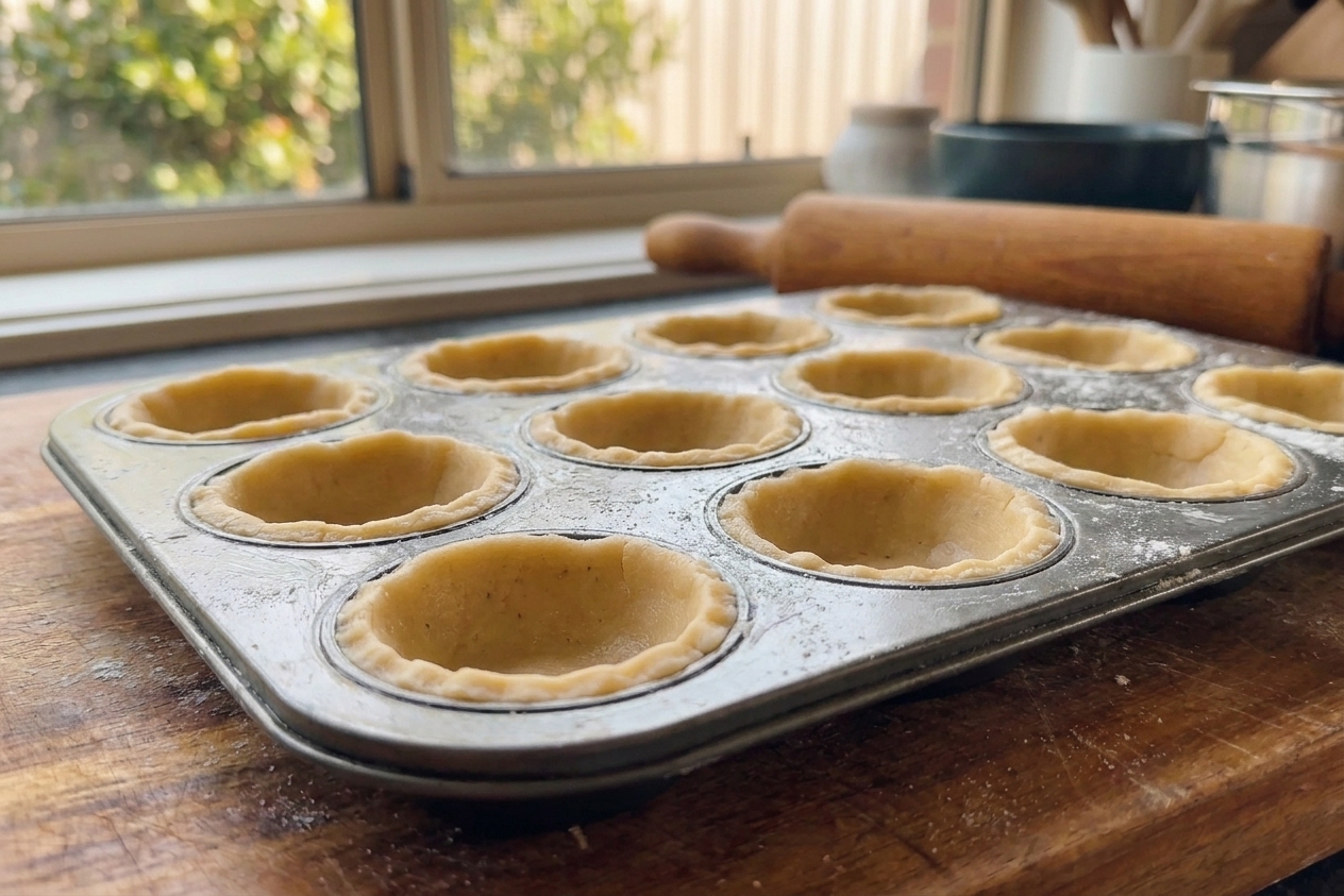 Tart dough rounds pressed into a greased muffin tin, ready for baking on a kitchen counter