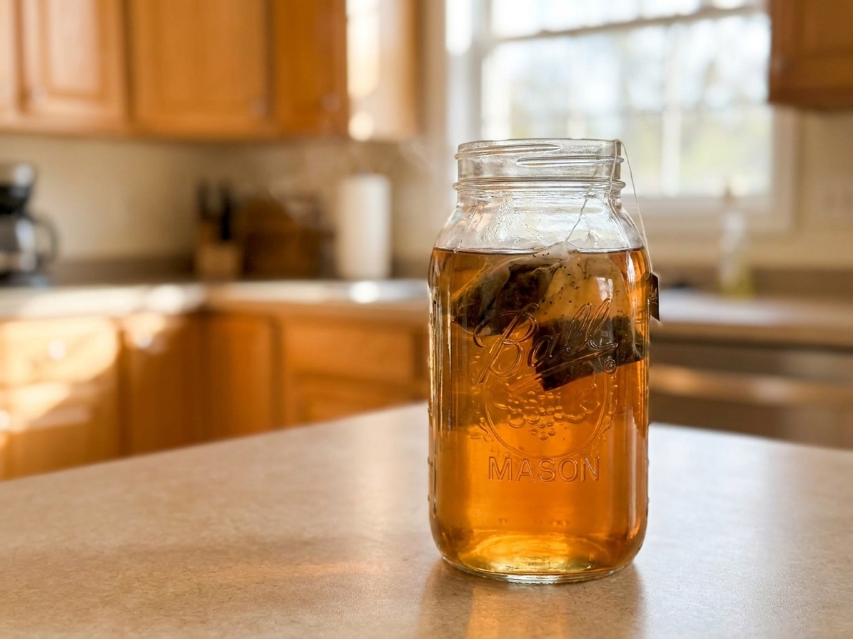 Tea bags steeping in a large glass jar with freshly boiled water on a kitchen counter