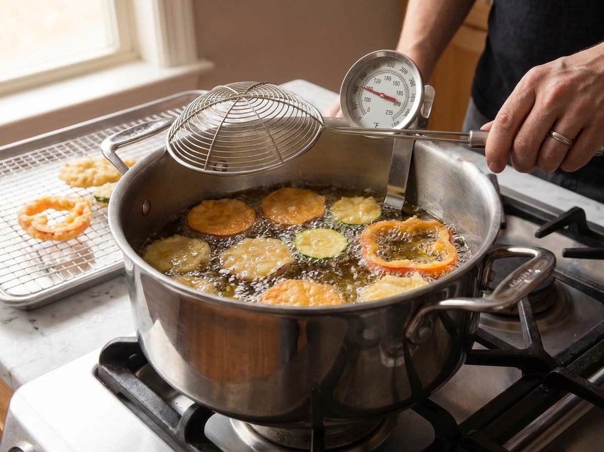 Tempura-coated vegetables frying in bubbling oil in a deep pot, with a spider strainer nearby