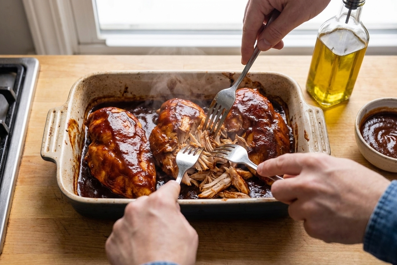 Tender BBQ chicken being shredded in a baking dish using two forks