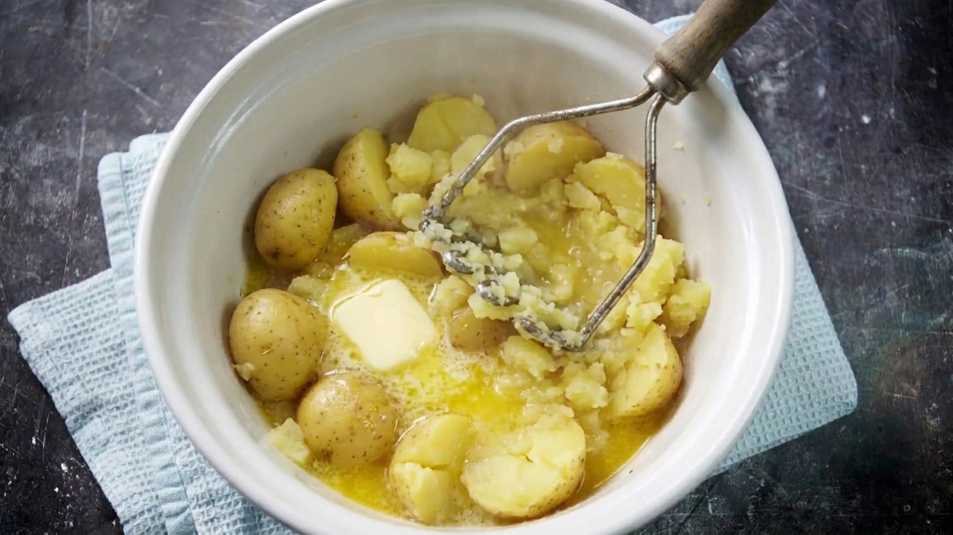 Tender Yukon Gold potatoes being mashed with butter melting on top