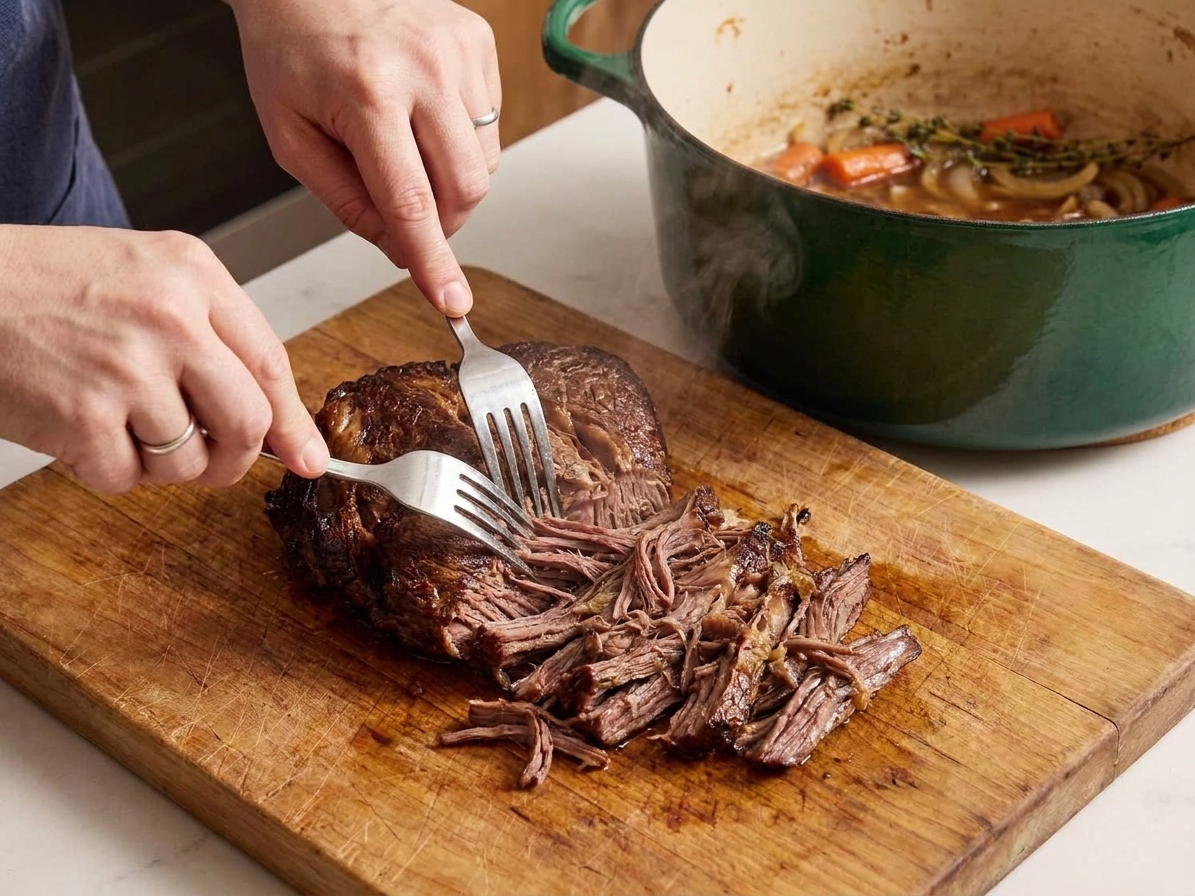 Tender braised beef being shredded with two forks on a wooden cutting board in a home kitchen