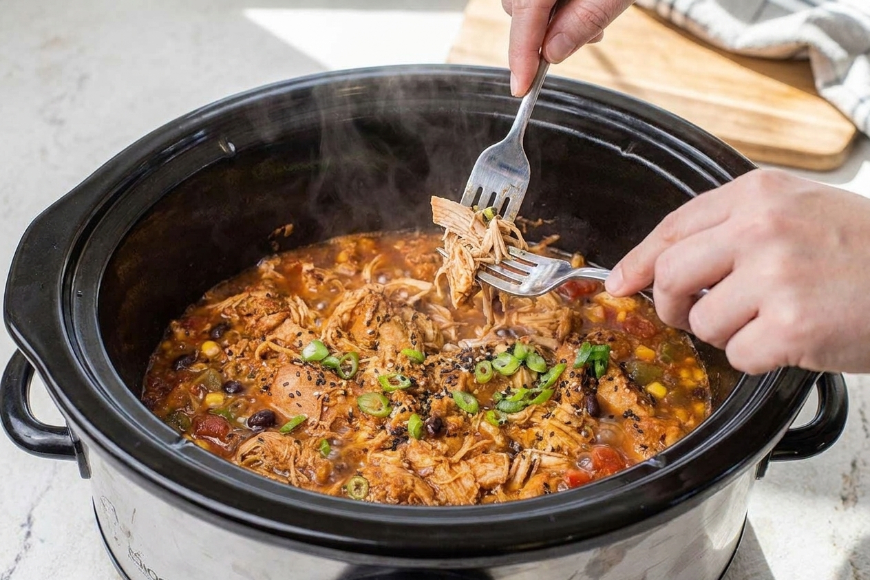 Tender cooked chicken being shredded and stirred back into a slow cooker of taco soup
