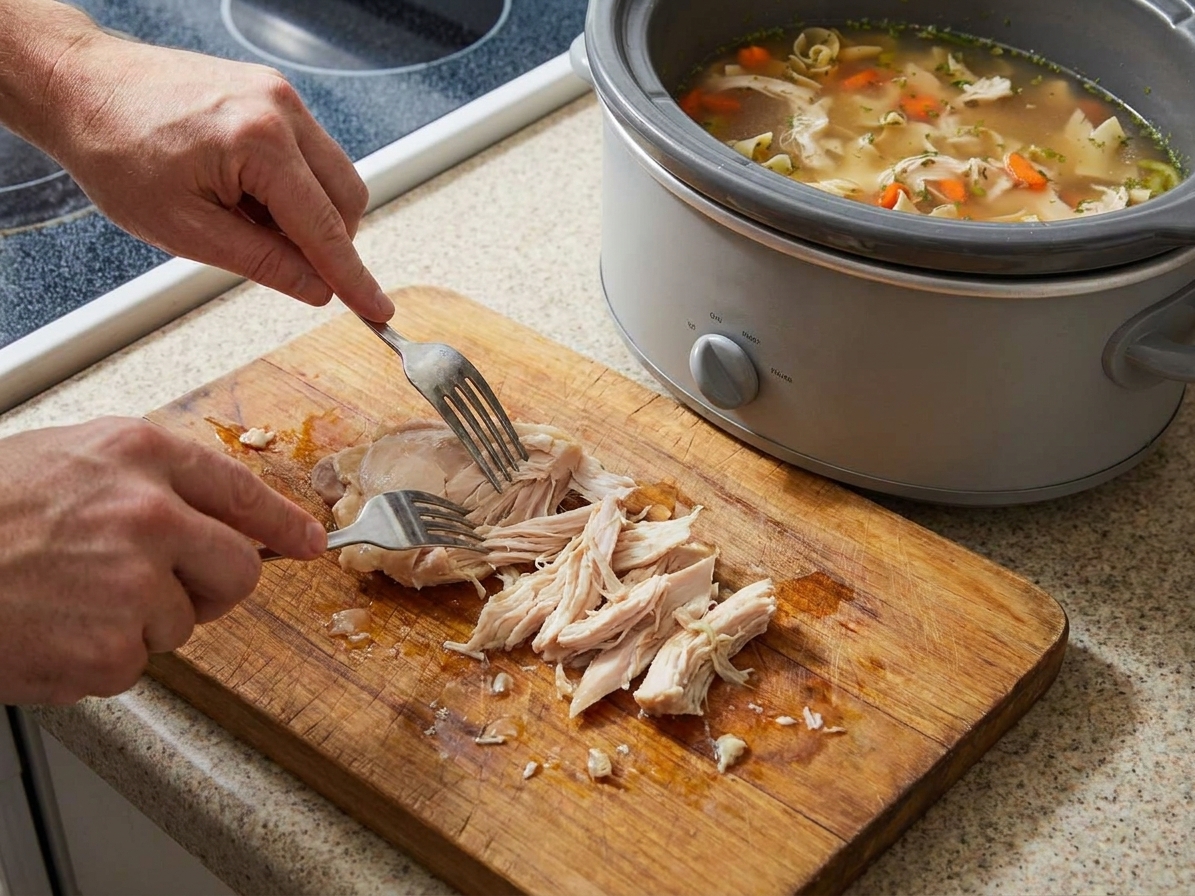 Tender cooked chicken being shredded with two forks on a cutting board next to a slow cooker