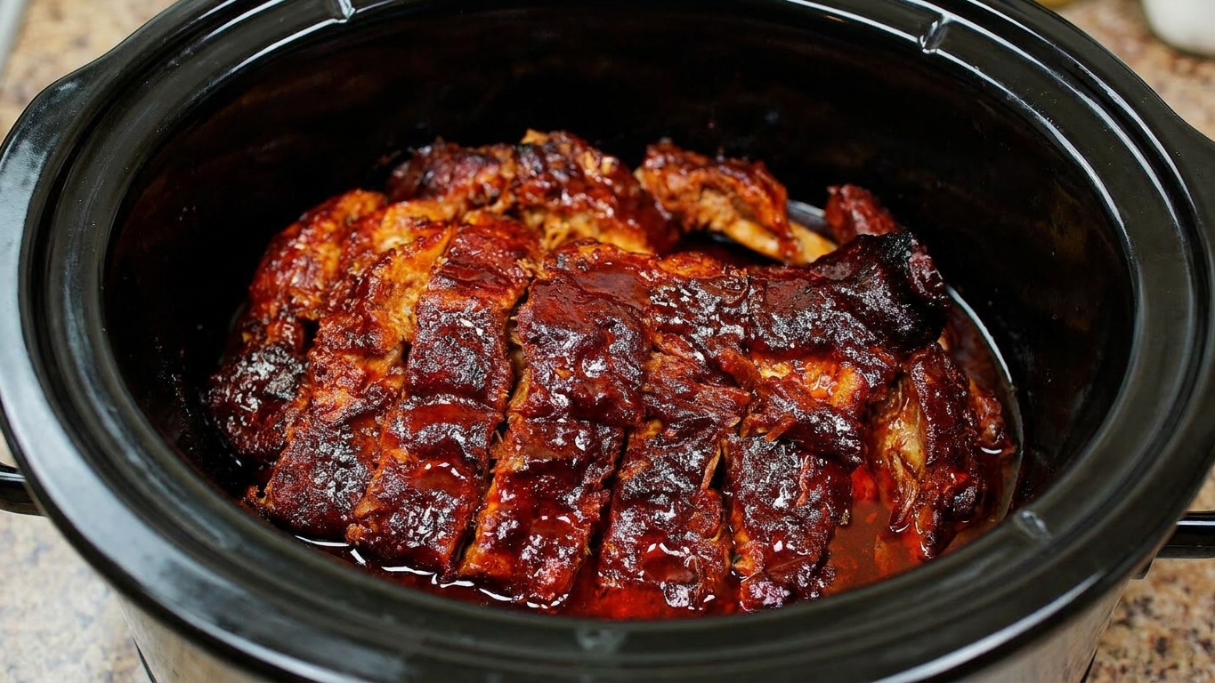 Tender cooked ribs sitting inside a slow cooker with rendered juices at the bottom