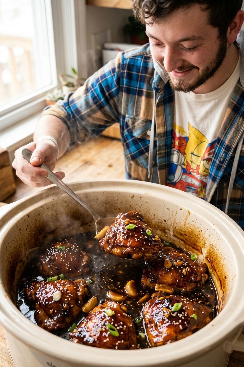 Tender honey garlic chicken thighs in a slow cooker with thick glossy sauce, realistic food photography