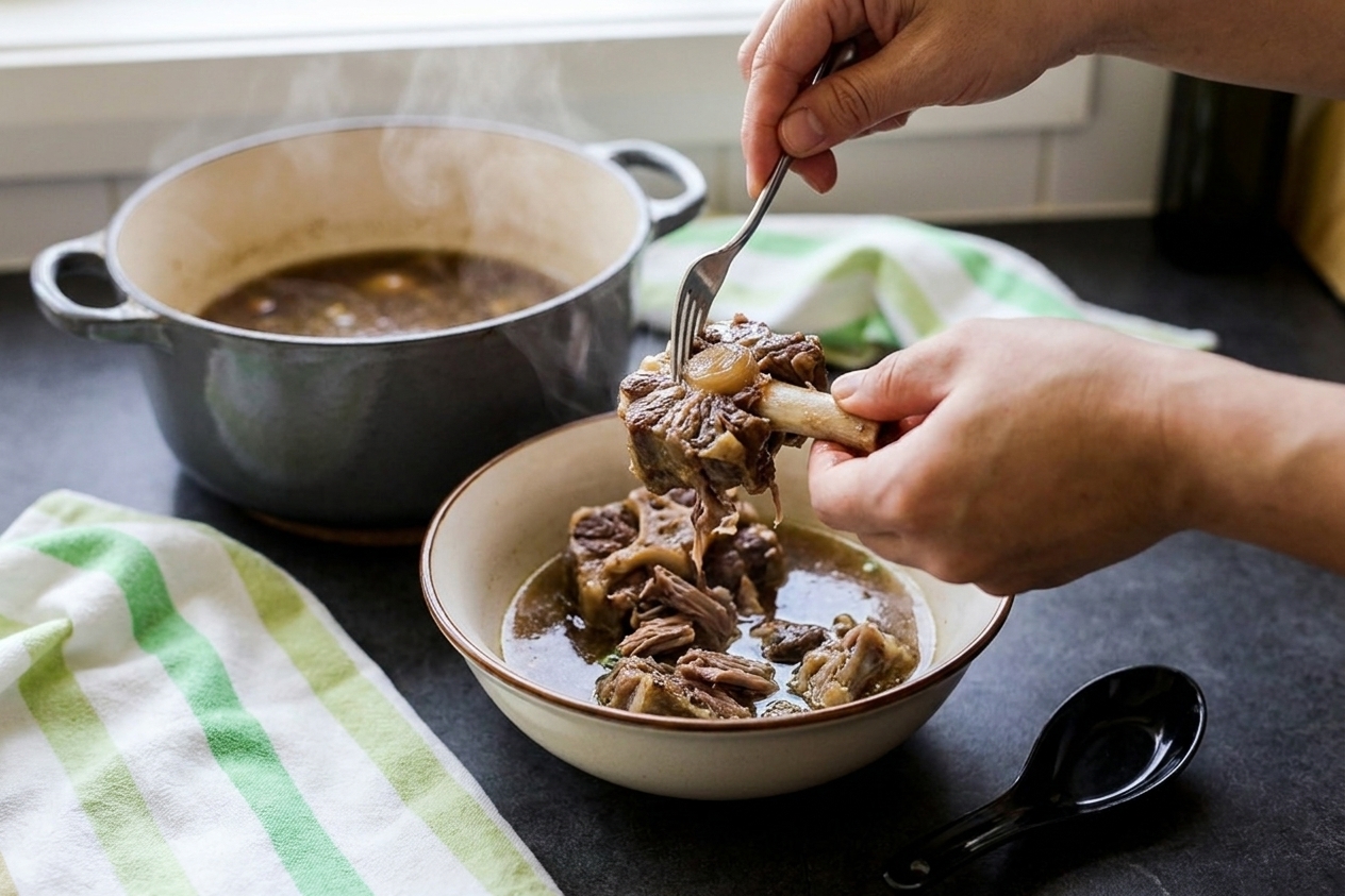 Tender oxtail meat being pulled off the bone over a bowl on a kitchen counter, with the pot of broth nearby