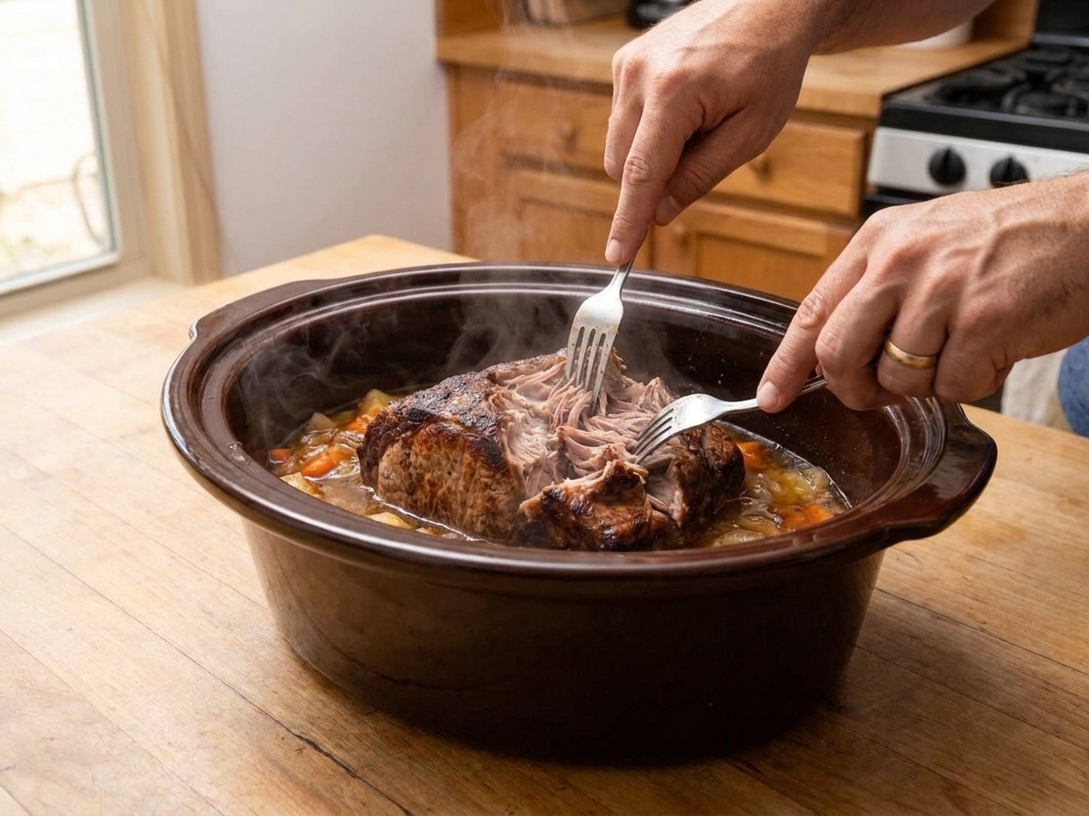 Tender pork roast being shredded with two forks over a slow cooker insert on a kitchen counter