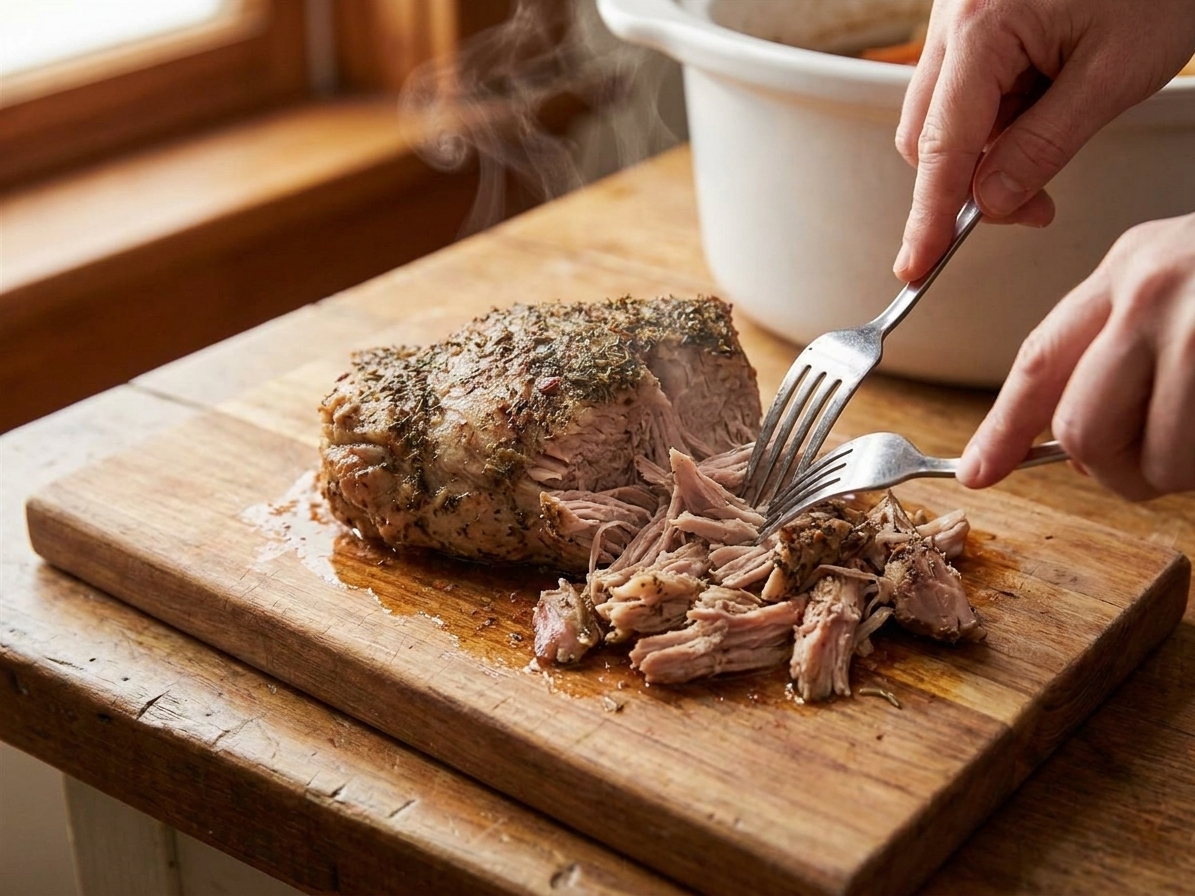 Tender pork roast pulled into shreds with forks on a wooden cutting board