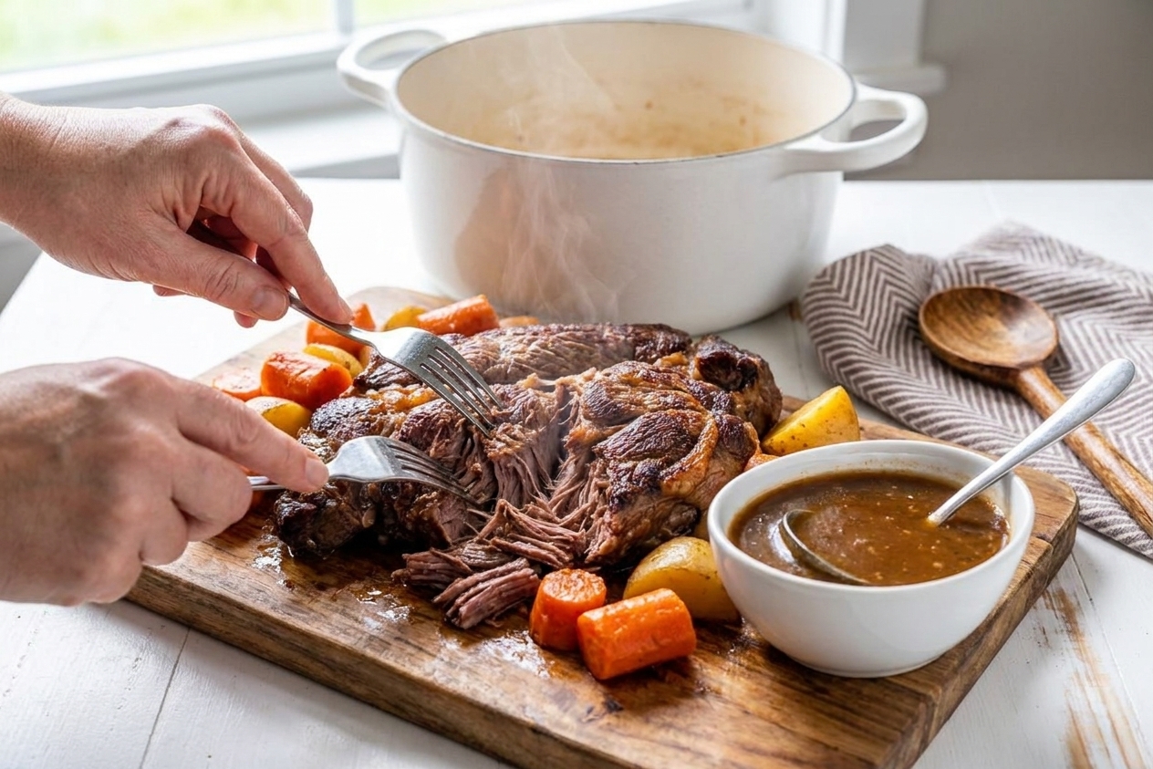 Tender pot roast being pulled apart on a cutting board with rich gravy nearby
