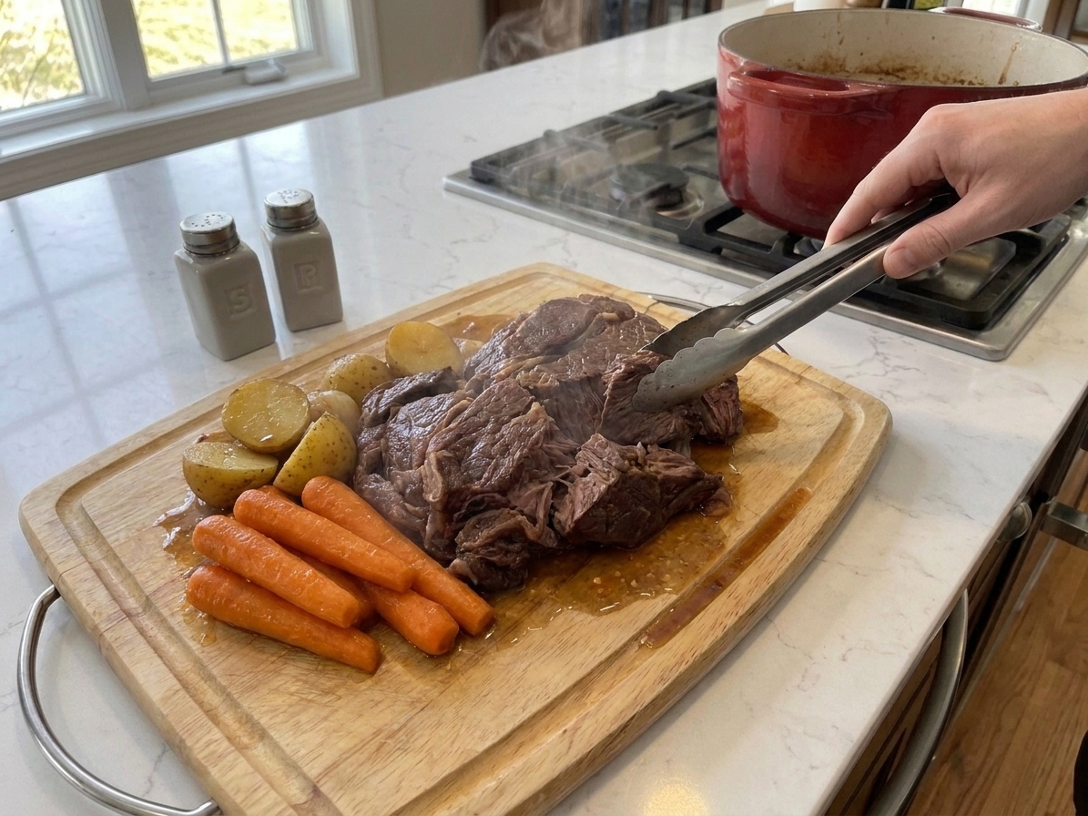 Tender pot roast pulled into chunks on a wooden cutting board with carrots and potatoes nearby, steam rising