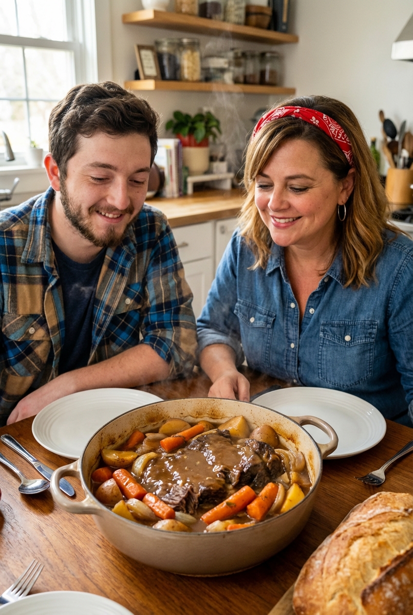 Tender pot roast with carrots, potatoes, and onions in a glossy brown gravy