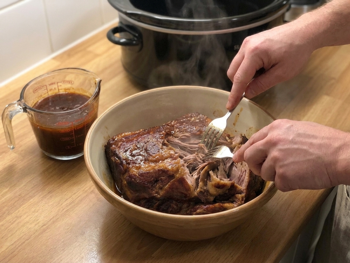 Tender pulled pork being shredded in a bowl with two forks, with a cup of cooking juices nearby