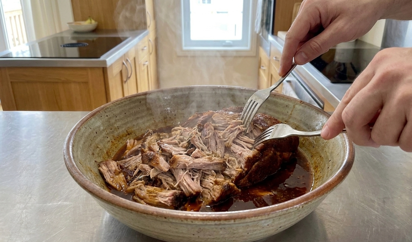 Tender pulled pork being shredded with two forks in a large bowl, with cooking juices pooled at the bottom