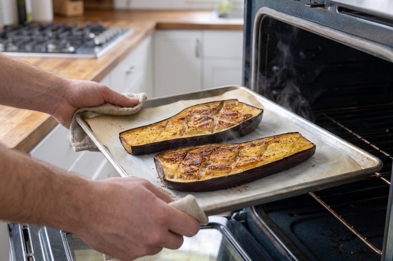 Tender roasted eggplant halves coming out of the oven on a baking sheet, lightly browned on top