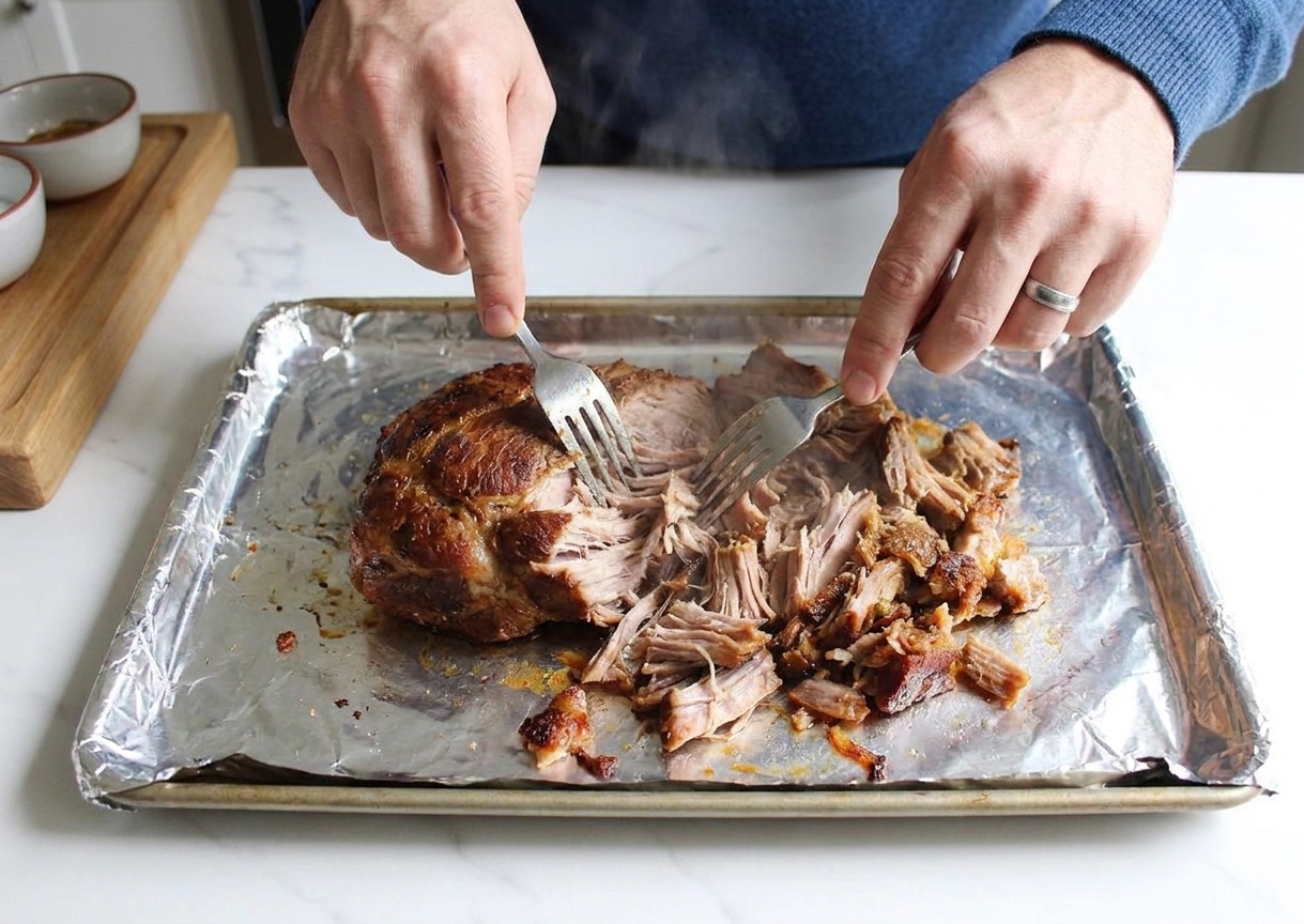 Tender slow-cooked pork being shredded with two forks on a foil-lined baking sheet in a home kitchen