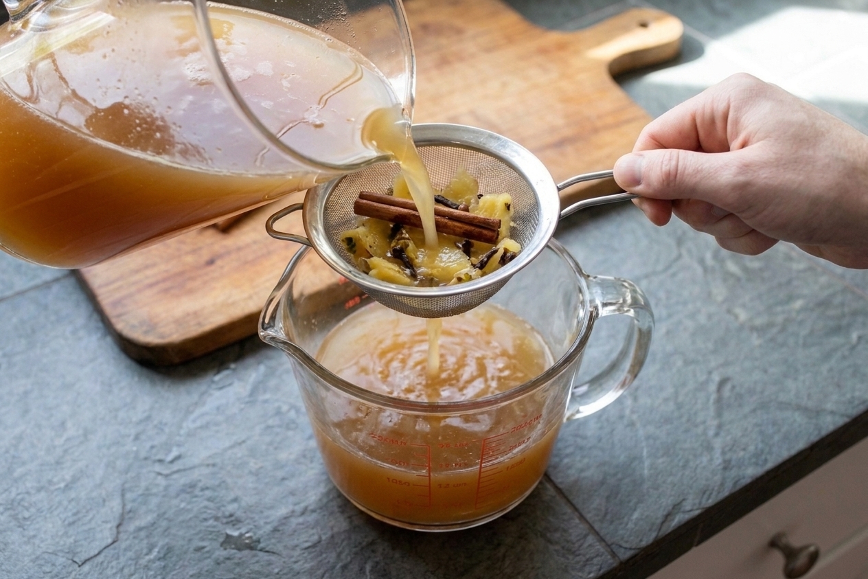 Tepache being strained through a fine mesh strainer into a large glass measuring cup on a kitchen counter