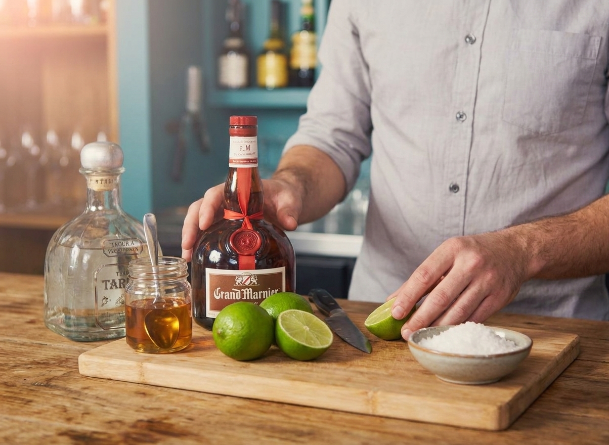 Tequila, Grand Marnier, fresh limes, agave nectar, and a small bowl of kosher salt arranged on a wooden cutting board on a kitchen counter