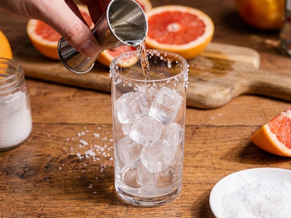 Tequila being poured from a jigger into a tall glass filled with clear ice cubes on a kitchen counter