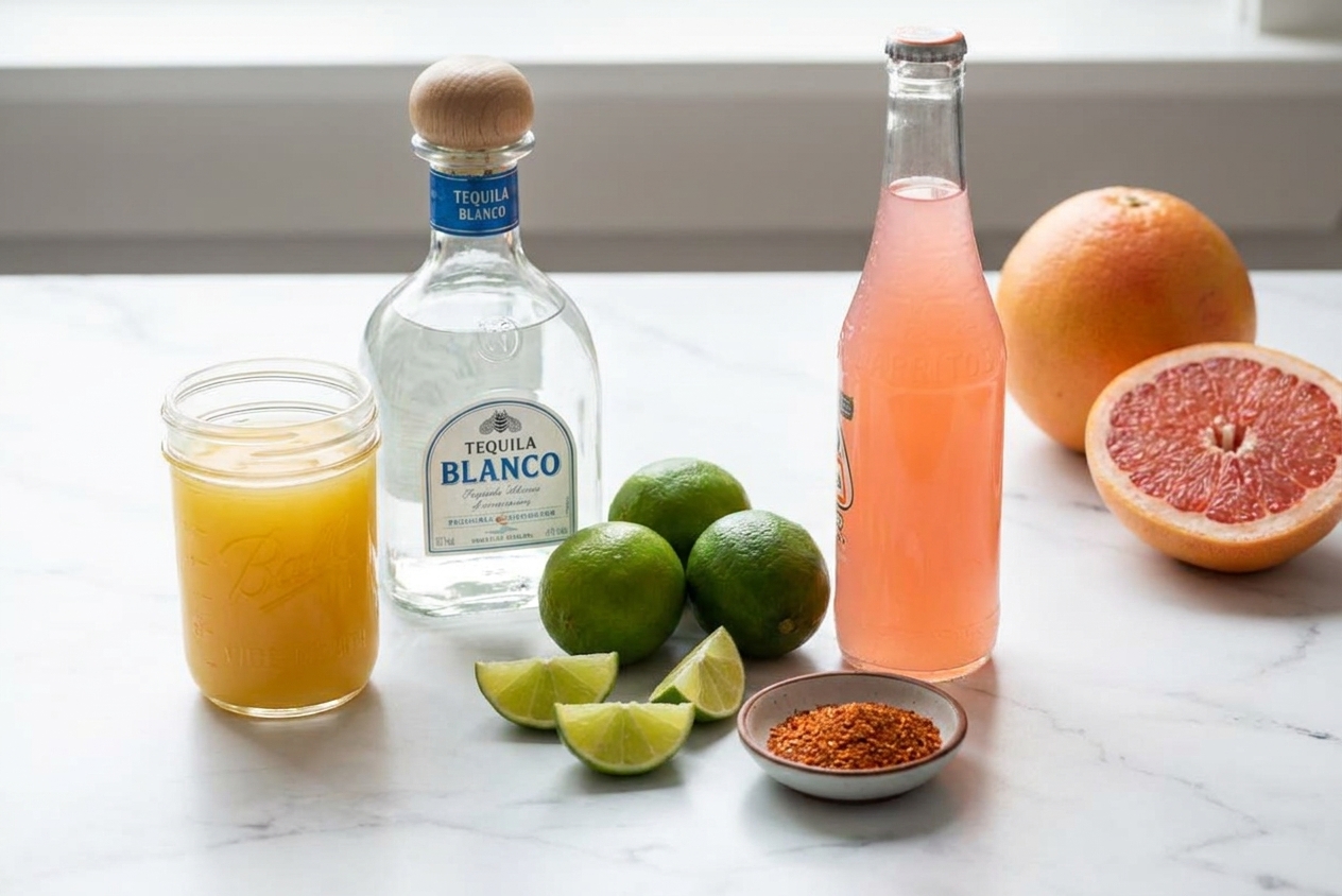 Tequila blanco, pineapple juice, limes, tajín, and grapefruit soda arranged on a clean kitchen counter