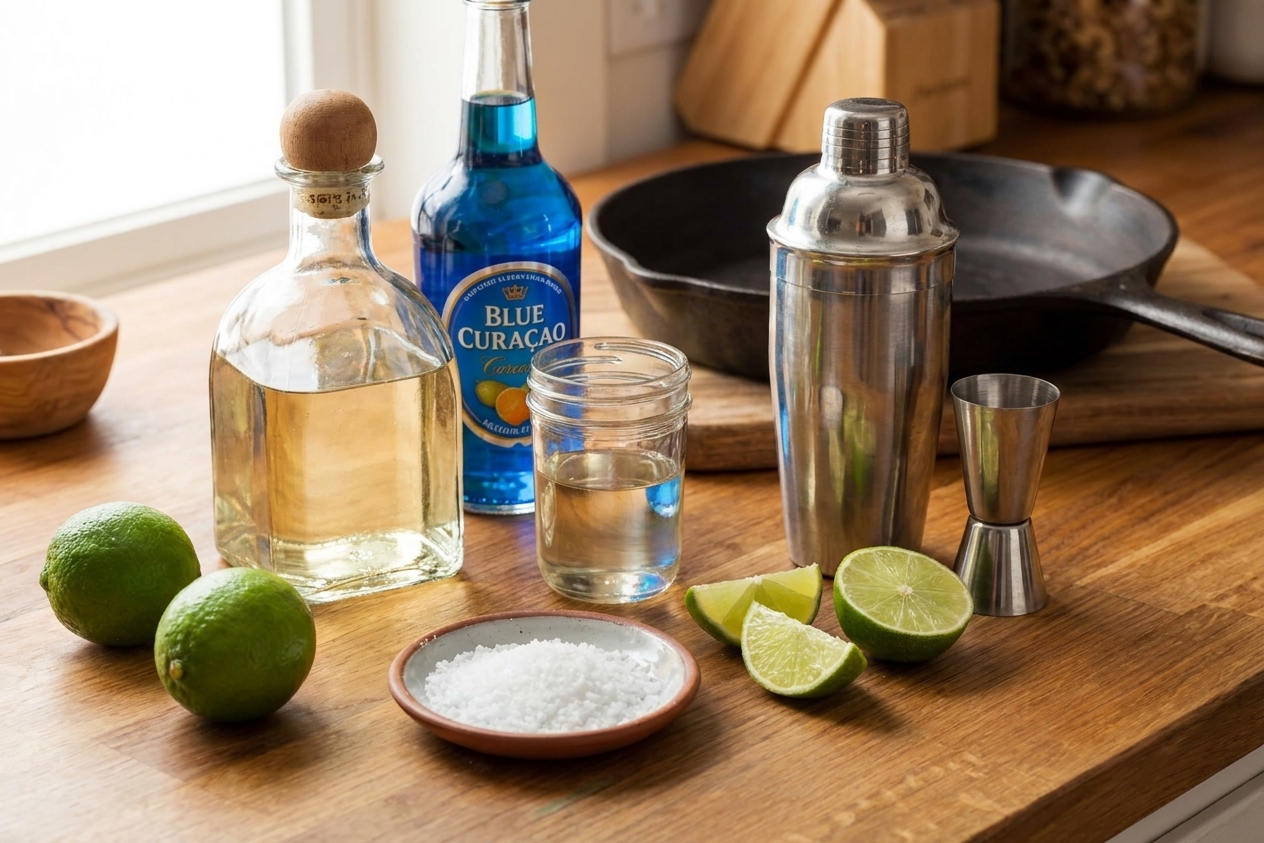 Tequila, blue curaçao, limes, simple syrup, and a small dish of kosher salt arranged on a kitchen counter with a cocktail shaker