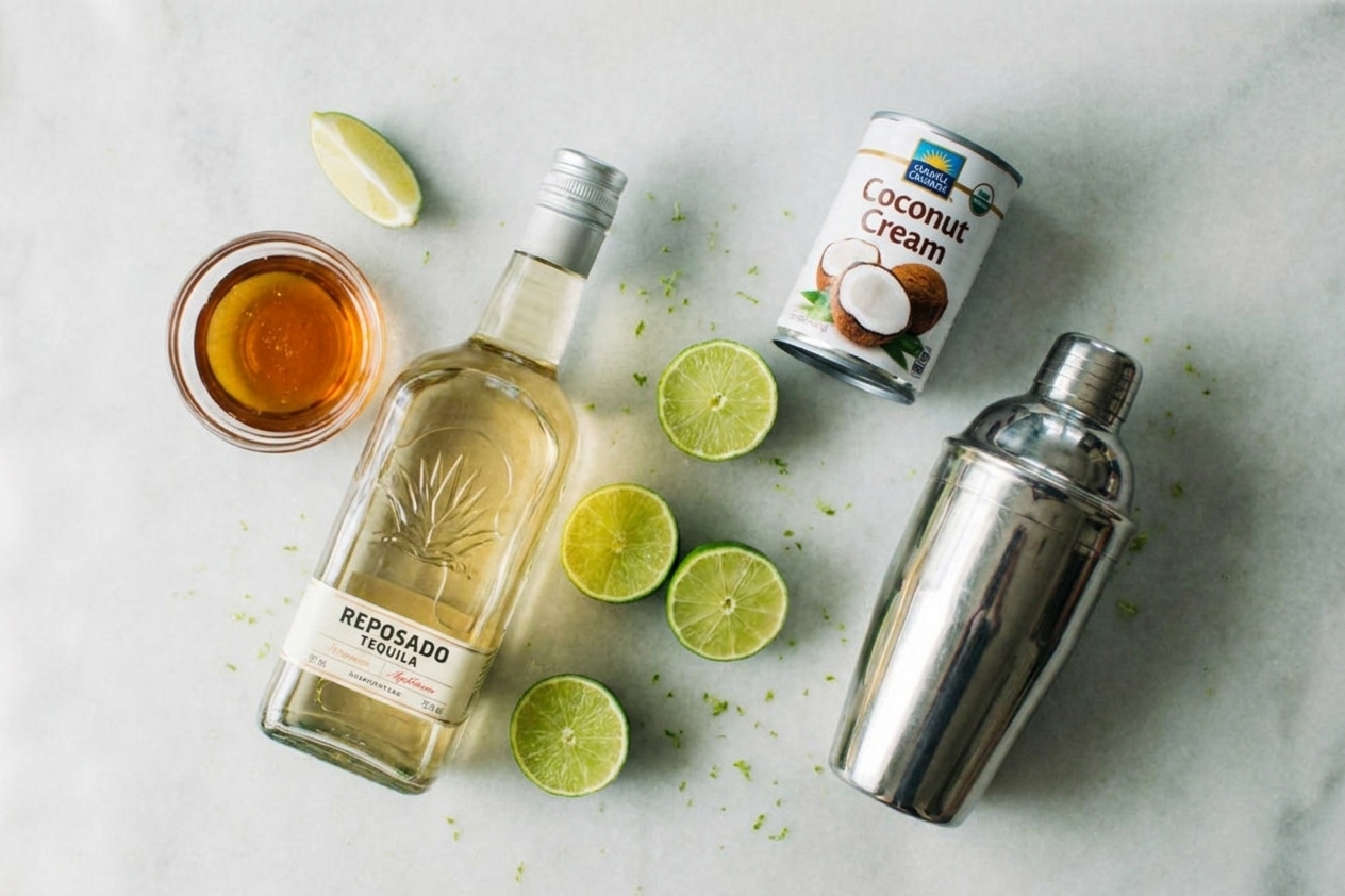 Tequila bottle, halved limes, a can of coconut cream, and a small dish of agave on a bright kitchen counter ready for mixing