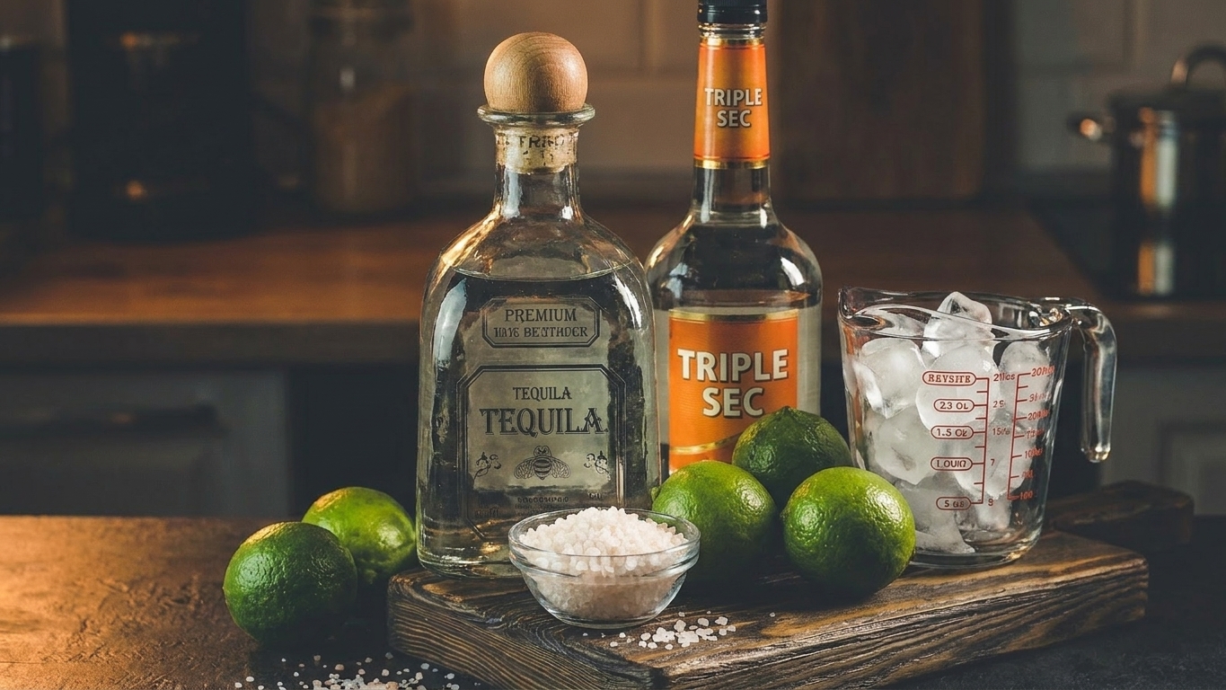 Tequila, fresh limes, a small bowl of coarse salt, a bottle of triple sec, and a cup of ice arranged on a kitchen counter
