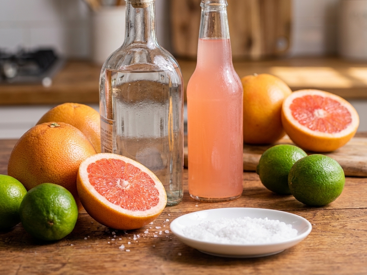 Tequila, fresh limes, grapefruit, a small dish of salt, and a bottle of grapefruit soda arranged on a clean kitchen counter in natural light