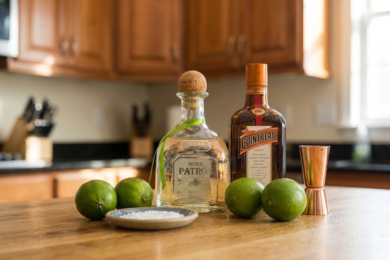 Tequila, fresh limes, orange liqueur, a small dish of salt, and a jigger arranged on a bright kitchen counter